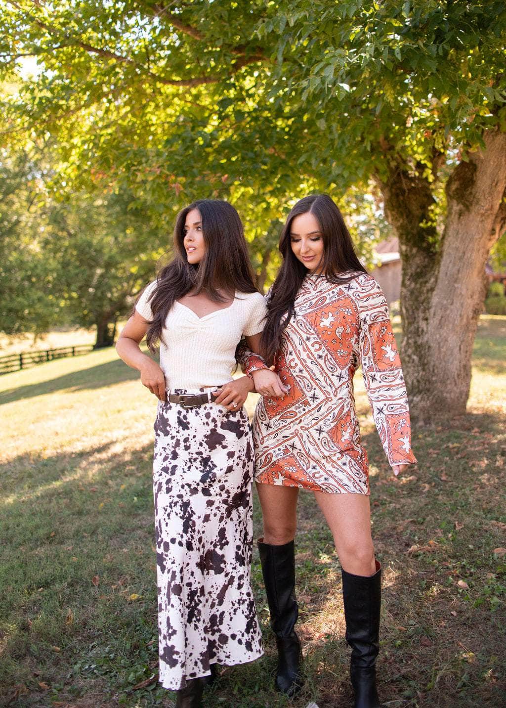 Cow Print Belted Maxi Skirt