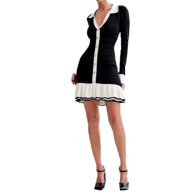 Lapel Long-sleeved Knitted  Dress