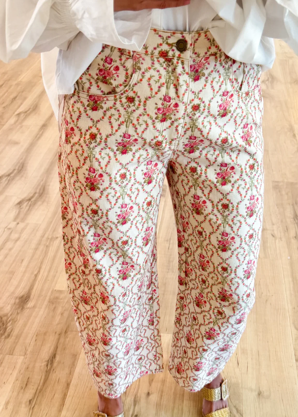 Pink and Orange Floral Printed Barrel Jeans