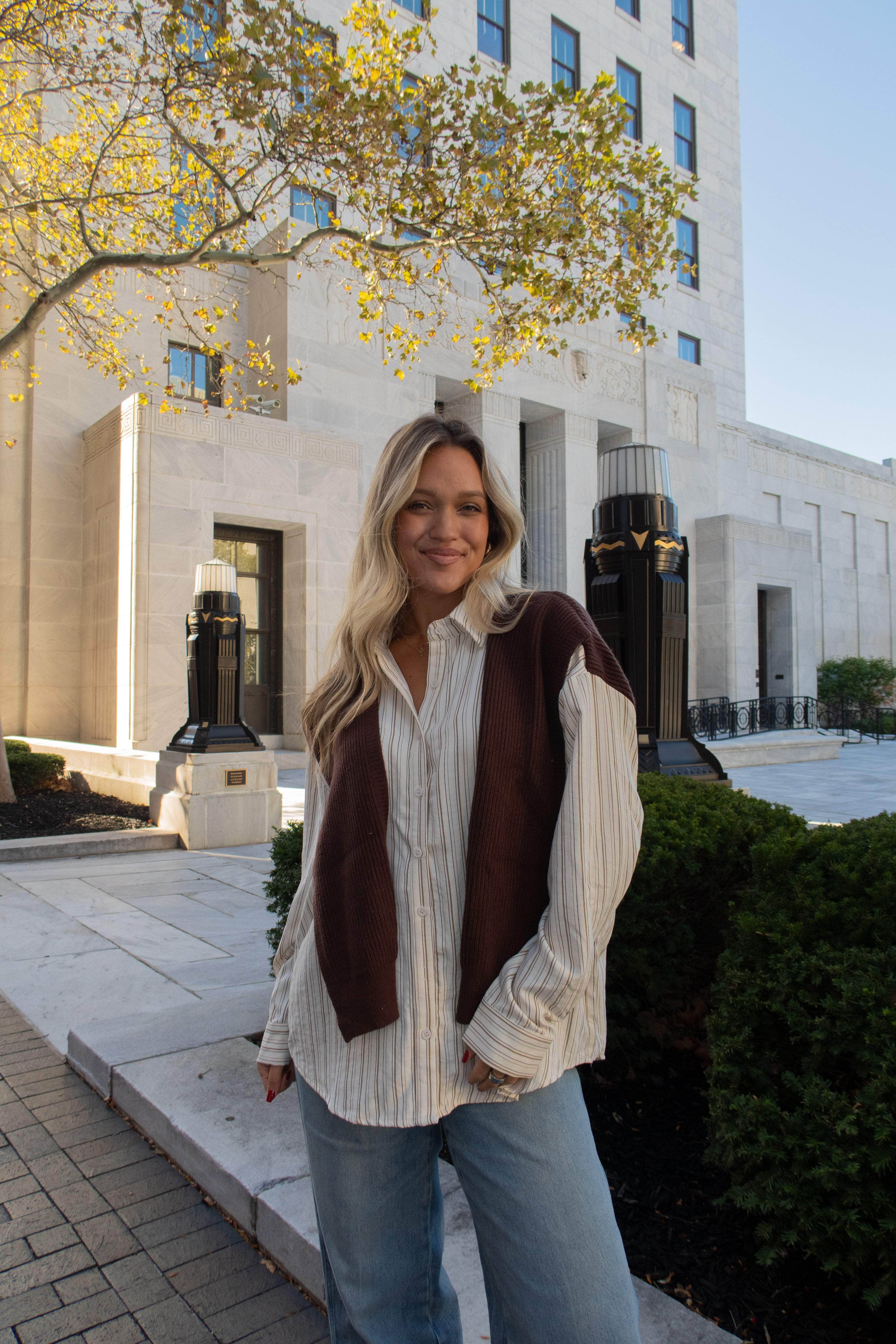 Cream Striped Button Up With Sweater