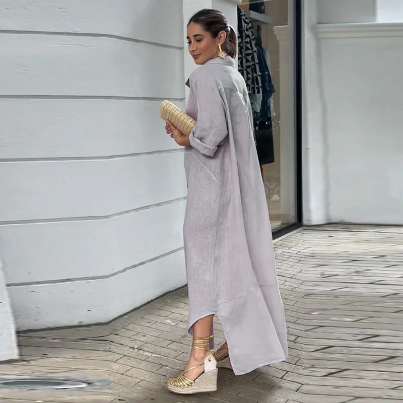 Lapel cotton and linen loose long skirt