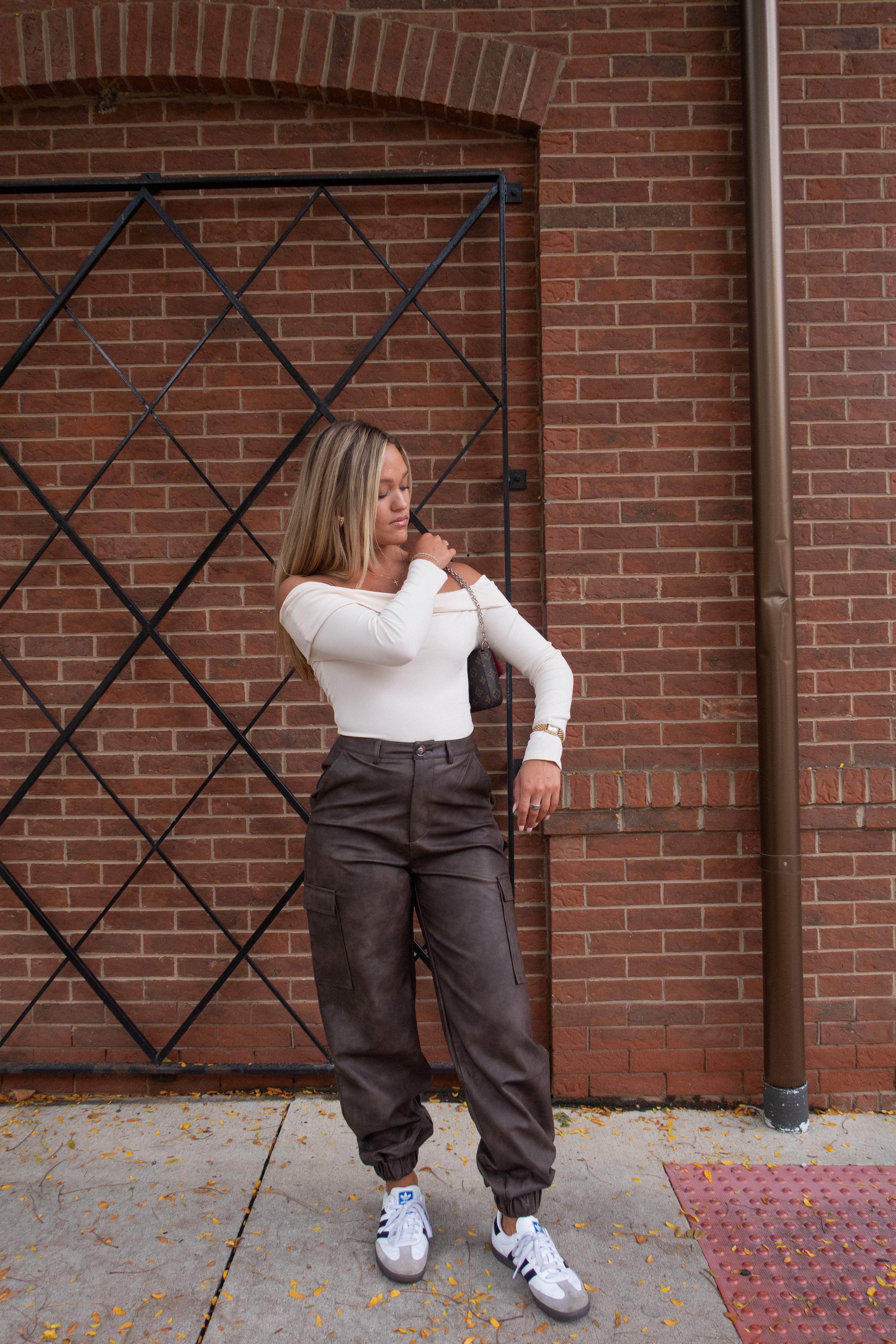 Brown Pleather Cargo Joggers