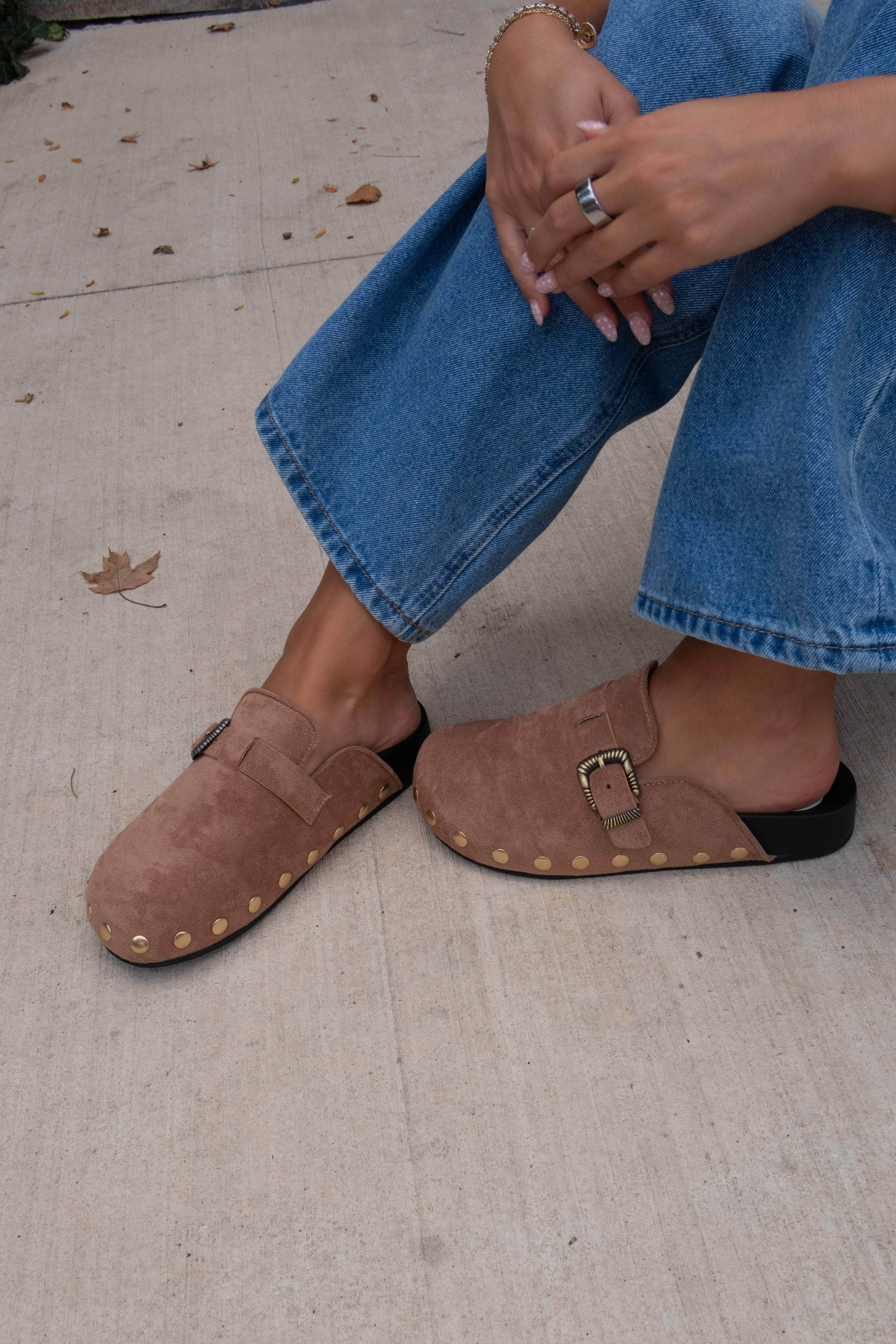 Latte Studded Buckle Clog
